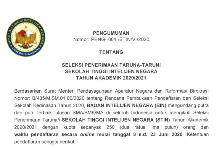 Sekolah Tinggi Intelijen Negara Milik BIN Buka Pendaftaran Mahasiswa Baru 2020