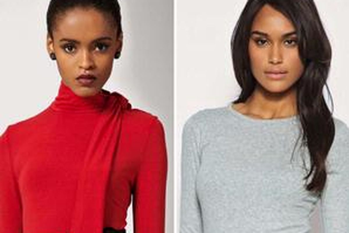 Lingkar leher tinggi (turtleneck) di foto kiri dan crew neck di foto kanan bisa menutupi leher yang terlalu jenjang.