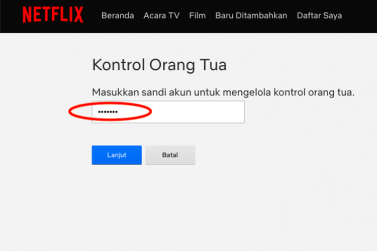 Ilustrasi kolom password pada Kontrol Orang Tua Netflix