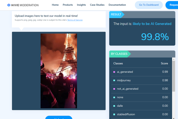Tangkapan layar situs Hive Moderation, menunjukkan foto Menara Eiffel kebakaran merupakan 99,8 persen buatan AI.