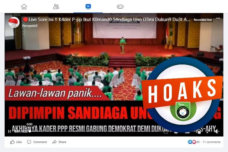 Tangkapan layar Facebook narasi yang menyebut kader PPP mendukung Anies dan AHY sebagai capres-cawapres di Pemilu 2024 atas komanda dari Sandiaga Uno