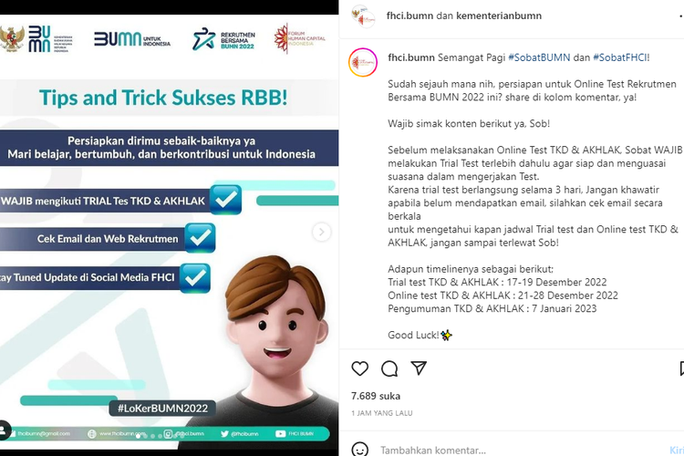 Tangkapan layar unggahan FHCI soal Tips and Trick Sukses Rekrutmen Bersama BUMN (RBB).