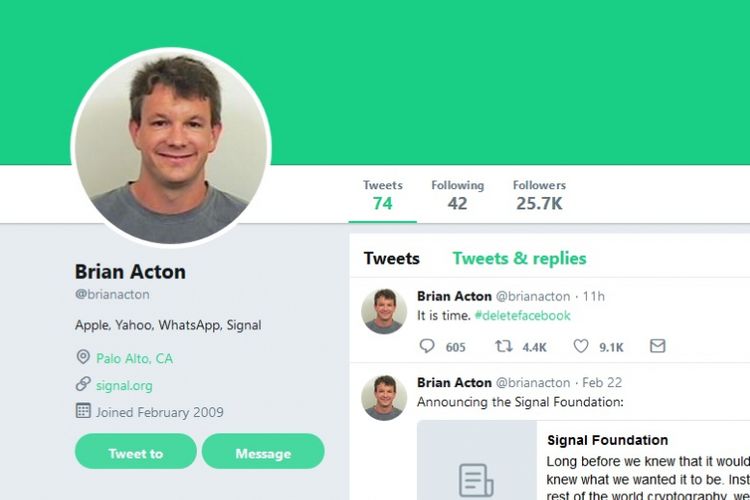 Cuitan Brian Acton, co-founder aplikasi Whatsapp, soal Facebook, Selasa (20/3/2018)