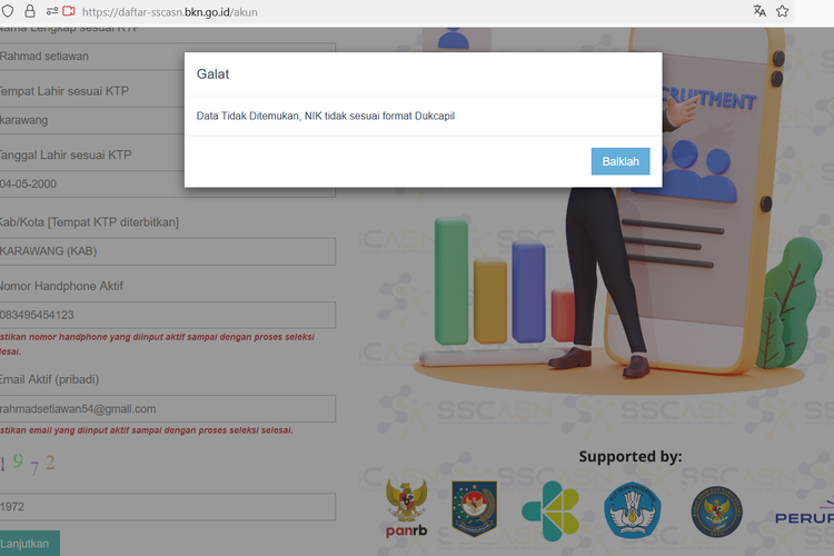 Tampilan masalah NIK tidak sesuai atua KK tidak ditemukan saat daftar CPNS 2024.