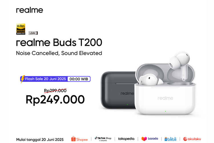 Realme Buds T200 resmi meluncur di Indonesia, pada Kamis (19/6/2025). Perangkat ini akan tersedia mulai tanggal 20 Juni 2025 di platform e-commerce resmi rekanan Realme dengan banderol harga flash sale Rp 249.000