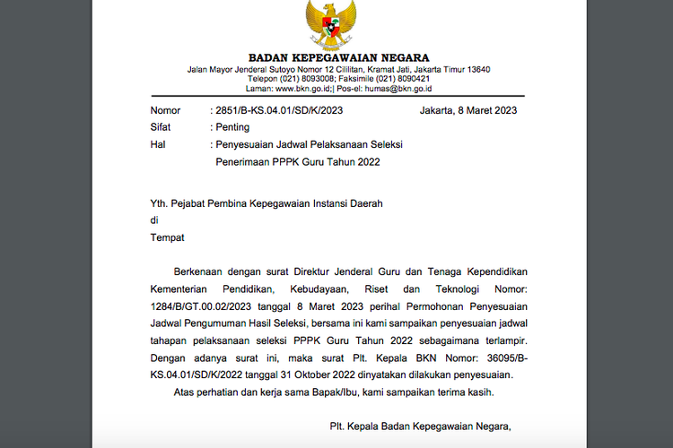 Tangkapan layar jadwal terbaru pelaksanaan seleksi PPPK Guru 2022, yang direncanakan seluruh tahapannya akan selesai pada Mei 2023.