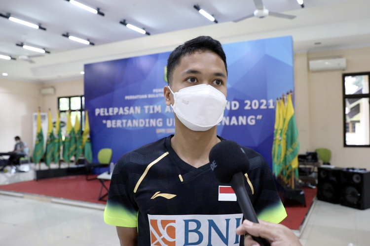 Anthony Sinisuka Ginting di acara pelepasan tim bulu tangkis Indonesia untuk All England,  Jumat (12/3/2021). Foto DOK: PBSI