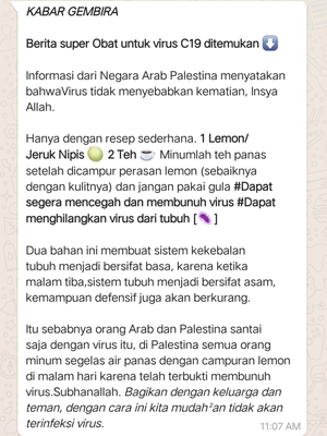 Tangkapan layar informasi ramuan teh dan air lemon yang beredar di percakapan WhatsApp.