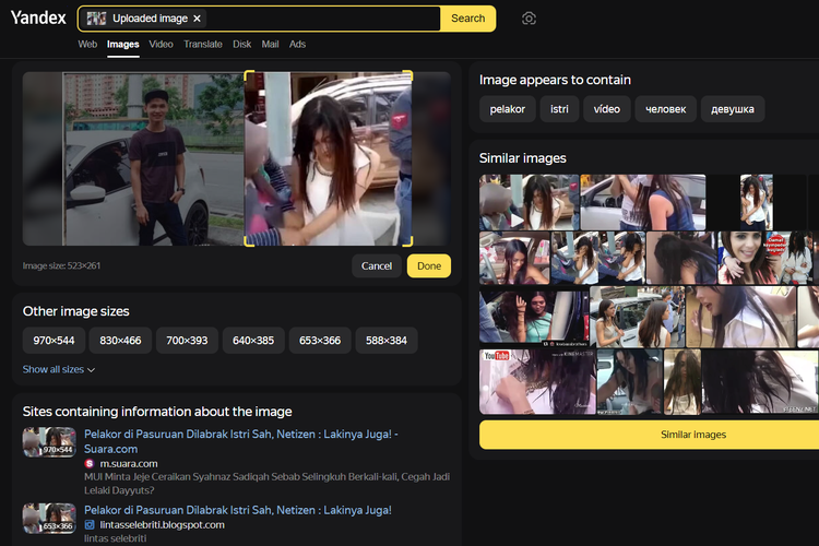 Tangkapan layar pencarian gambar di Yandex, menampilkan video viral warga yang memergoki perempuan berselingkuh di Gampong Paya Bujok Tunong, Kecamatan Langsa Baro, Langsa, Aceh.