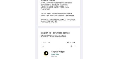 Tangkapan layar ajakan guru untuk murid-muridnya mendownload Snack Video dan memasukkan kode referral darinya.