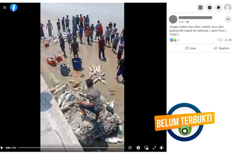 Tangkapan layar unggahan dengan narasi sebagian benar di sebuah akun Facebook, Rabu (13/9/2023), soal ikan di Tuban yang diklaim tercemar limbah dari Jepang.