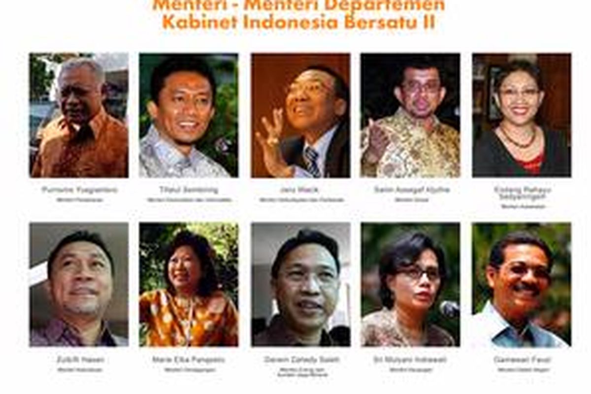 Menteri-Menteri Departemen yang diumumkan Presiden Susilo Bambang Yudhoyono di Istana Negara, Rabu (21/10) malam.