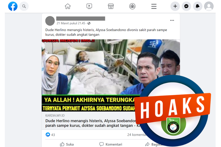Tangkapan layar unggahan dengan narasi hoaks di sebuah akun Facebook, Selasa (21/3/2023), yang mengabarkan Alyssa Soebandono divonis sakit parah.