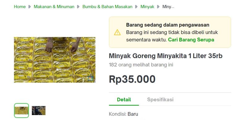 Tangkapan layar Minyakita dijual Rp 35.000 per liter di e-commerce, padahal harga jual aslinya Rp 14.000 per liter. 