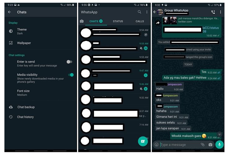 Tampilan Mode gelap di WhatsApp
