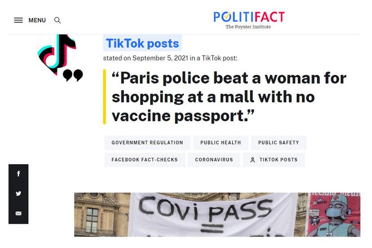 Tangkapan layar laman Politifact tentang wanita dipukuli polisi Perancis