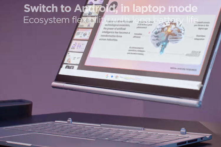 Ilustrasi Lenovo ThinkBook Plus Gen 5 Hybrid yang dapat dilepas-pasang untuk beralih dari mode laptop-mode tablet