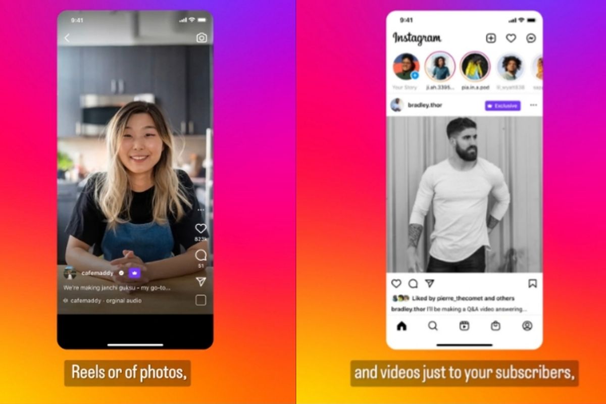 Ilustrasi fitur baru Subscriber Reels (kiri) dan Subscriber posts (kanan) di Instagram Subscripstions.