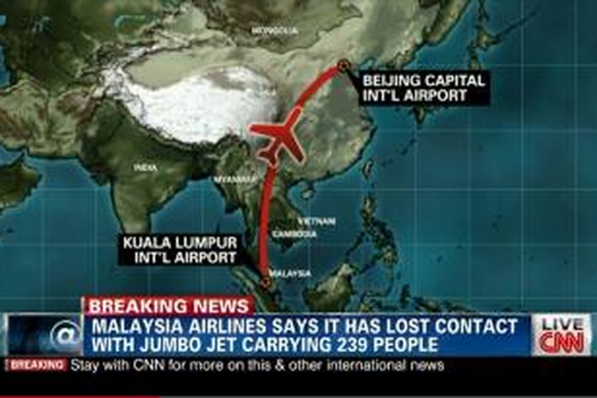 Rute penerbangan Malaysia Airlines yang hilang, Sabtu (8/3/2014) pagi