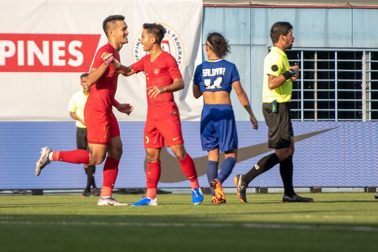 M. Rafli, penyerang timnas U-23 Indonesia, merayakan golnya ke gawang Filipina di Merlion Cup 2019