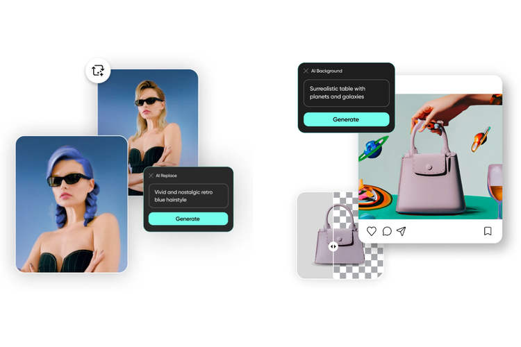 Fitur AI Replace (kiri) untuk mengubah elemen dalam gambar dan AI background generator untuk membuat latar belakang foto yang baru dan unik.