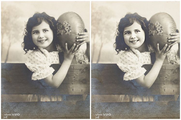 Tampilan foto yang telah diedit menggunakan Memory Recaller. Foto asli ada di sebelah kiri, sementara foto yang sudah diedit ada di sebelah kanan.