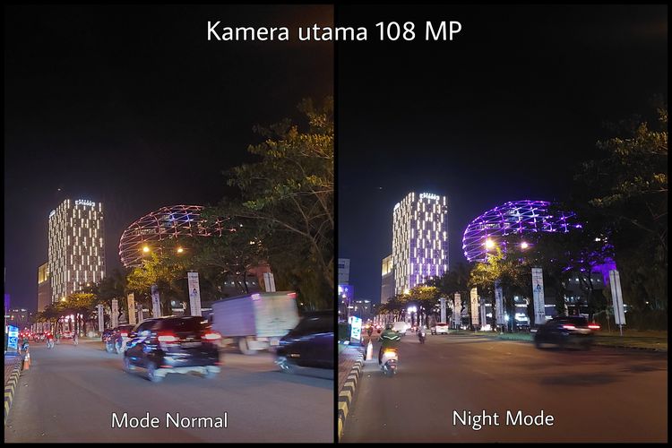 Perbandingan hasil foto dari kamera utama 108 MP Galaxy A73 5G saat malam hari, dengan mode normal dan mode malam.