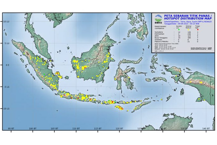 Badan Meteorologi, Klimatologi, dan Geofisika (BMKG) mendeteksi 14 titik panas (hotspot) di wilayah Indonesia, Jumat (10/9/2021).