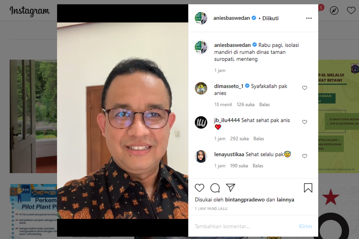 Gubernur DKI Jakarta Anies Baswedan membagi pengalamannya melakukan isolasi mandiri lewat siaran langsung instagram, Rabu (2/12/2020). 