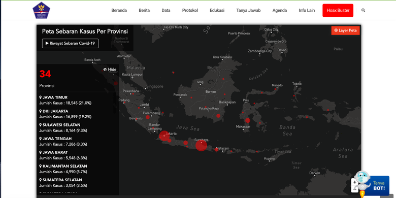 Tangkapan layar Peta Sebaran Kasus Virus Corona di Indonesia