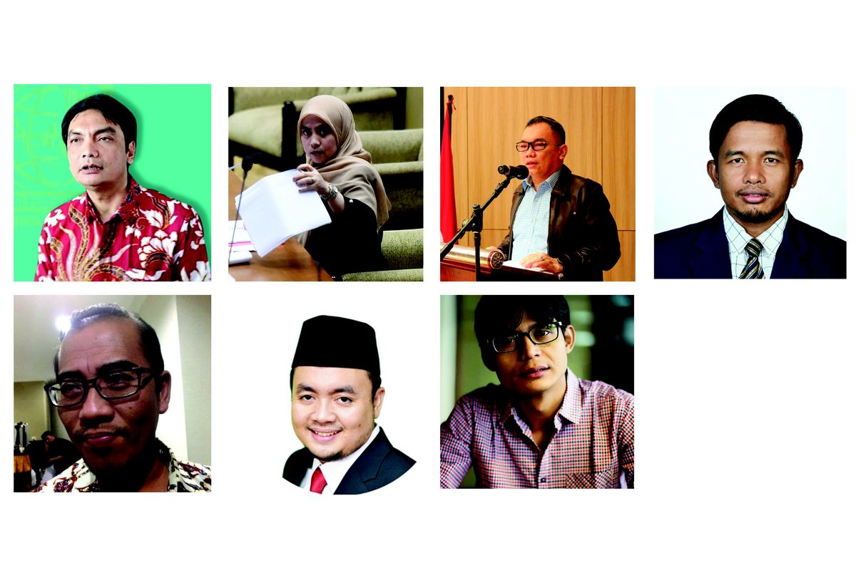 Komisioner KPU 2022-2027 Yulianto Sudrajat (kiri atas), Betty Epsilon Idroos (kedua atas), Parsadaan Harahap (ketiga atas), Idham Holik (keempat atas), Hasyim Asyari (kiri bawah), Muhammad Afifuddin (kedua bawah), August Mellaz (ketiga bawah).