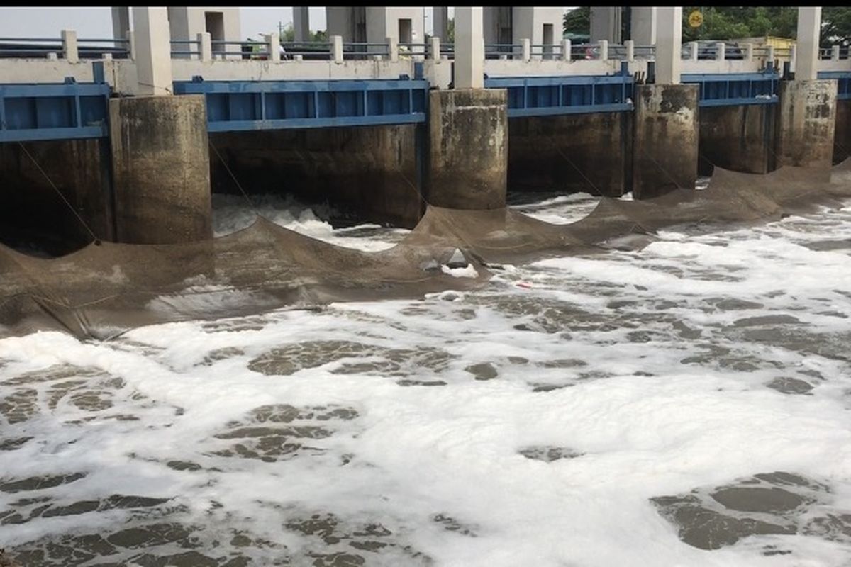 Busa nampak memenuhi aliran kali kanal banjir timur tepatnya di Pintu Air Weir 3 Marunda, Cilincing, Jakarta Utara Selasa (30/4/2019). 