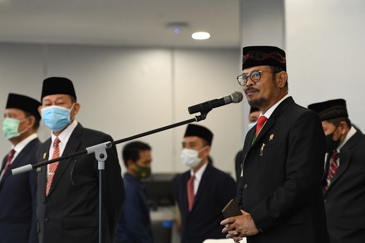 Mentan Syahrul Yasin Limpo, saat menggelar Upacara Hari Kelahiran Pancasila secara virtual, Senin (1/6/2020).