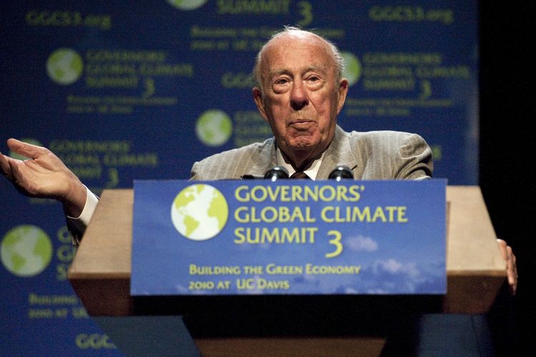 FILE - In this Nov. 15, 2010 file photo, former Secretary of State George Shultz speaks at University of California Davis during the Governors' Global Climate Summit 3: Building the Green Economy, in Sacramento, Calif.  Shultz, former President Ronald Reagan's longtime secretary of state, who spent most of the 1980s trying to improve relations with the Soviet Union and forging a course for peace in the Middle East, died Saturday, Feb. 6, 2021. He was 100. (Hector Amezcua/The Sacramento Bee via AP, File)