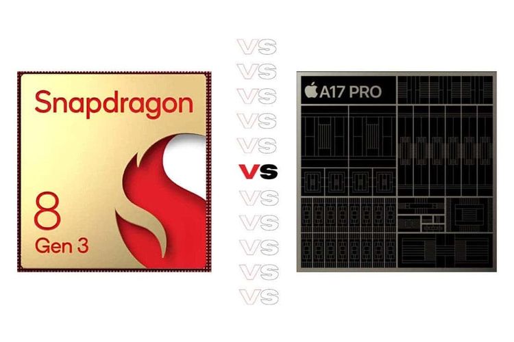 Ilustrasi chip Snapdragon 8 Gen 3 (kiri) dan A17 Pro (kanan).