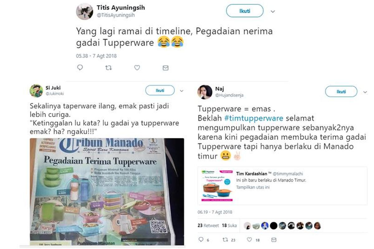 Tangkapan layar twit tentang gadai tupperware.