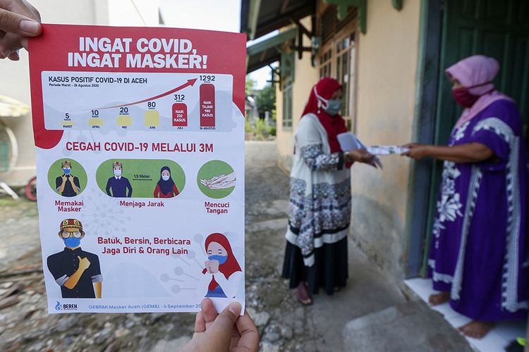Petugas kesehatan dari Puskesmas Ulee Kareng (kiri) mensosialisasikan protokol kesehatan yang dianjurkan pemerintah guna mencegah penyebaran dan penularan Covid-19 di sela pelaksanaan imunisasi balita di Desa Ilie, Banda Aceh, Aceh, Sabtu (5/9/2020). Penurunan jumlah imunisasi terhadap balita selama pandemi mendorong tenaga medis puskesmas di Banda Aceh untuk meningkatkan kembali imunisasi dengan sistem jemput bola.