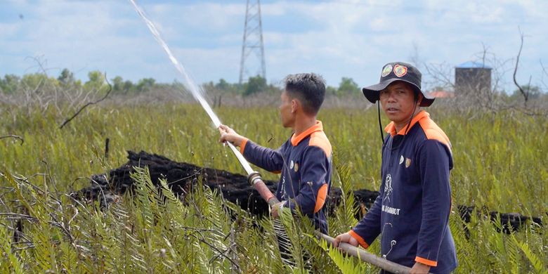 Simulasi Operasi Pembasahan Lahan Gambut oleh Masyarakat Peduli Api Perintis Tumbang Nusa. 