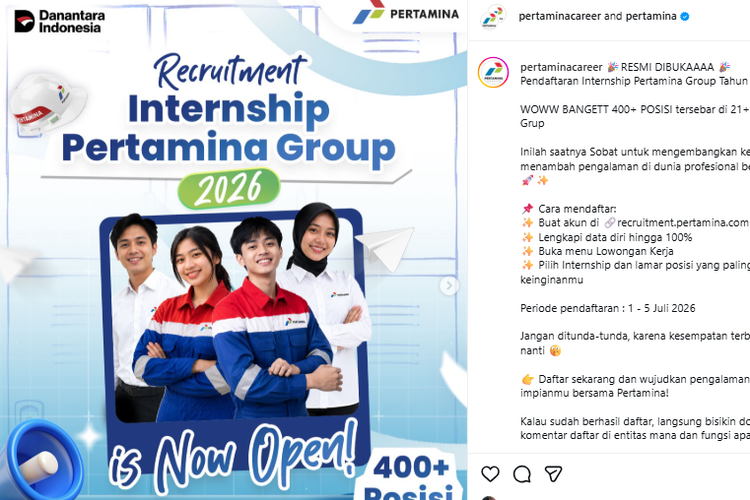 Lowongan Magang Pertamina 2026 bagi Fresh Graduate, 400 Lebih Posisi di 21 Anak Perusahaan