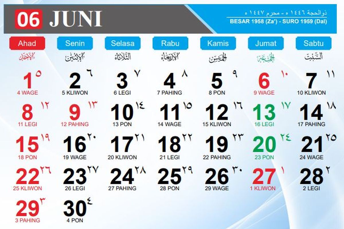Kalender bulan Juni 2025. Simak kalender Jawa hari ini Sabtu, 14 Juni 2025 lengkap dengan weton dan penanggalan Hijriah.
