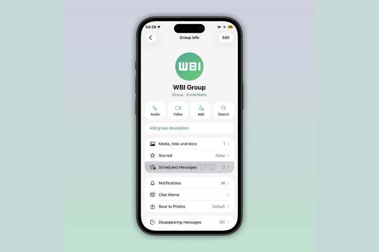 Tangkapan layar yang dibagikan WABetaInfo menampilkan fitur Scheduled Messages yang memungkinkan pengguna menjadwalkan pengiriman pesan secara otomatis di dalam chat (percakapan). 