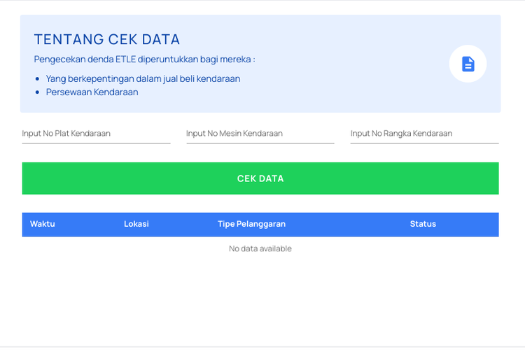 Tangkapan layar cara cek data kendaran terkena tilang elektronik (ETLE) atau tidak di laman resmi ETLE Polda Metro Jaya.