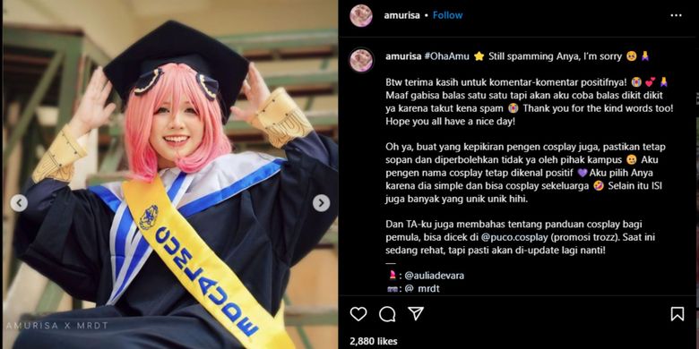Alisa Rahma Febrina, wisudawan ISI Yogyakarta menghadiri wisuda pada 18 Maret 2023 sambil mengenakan kostum Anya Forger dari serial Spy X Family.