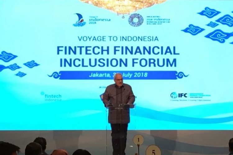 Chief Executive Officer International Finance Corporation (IFC) Philippe Le Houerou saat memberi sambutan dalam Forum Inklusi Finansial FinTech Indonesia di Hotel Dharmawangsa, Jakarta Selatan, Selasa (31/7/2018).