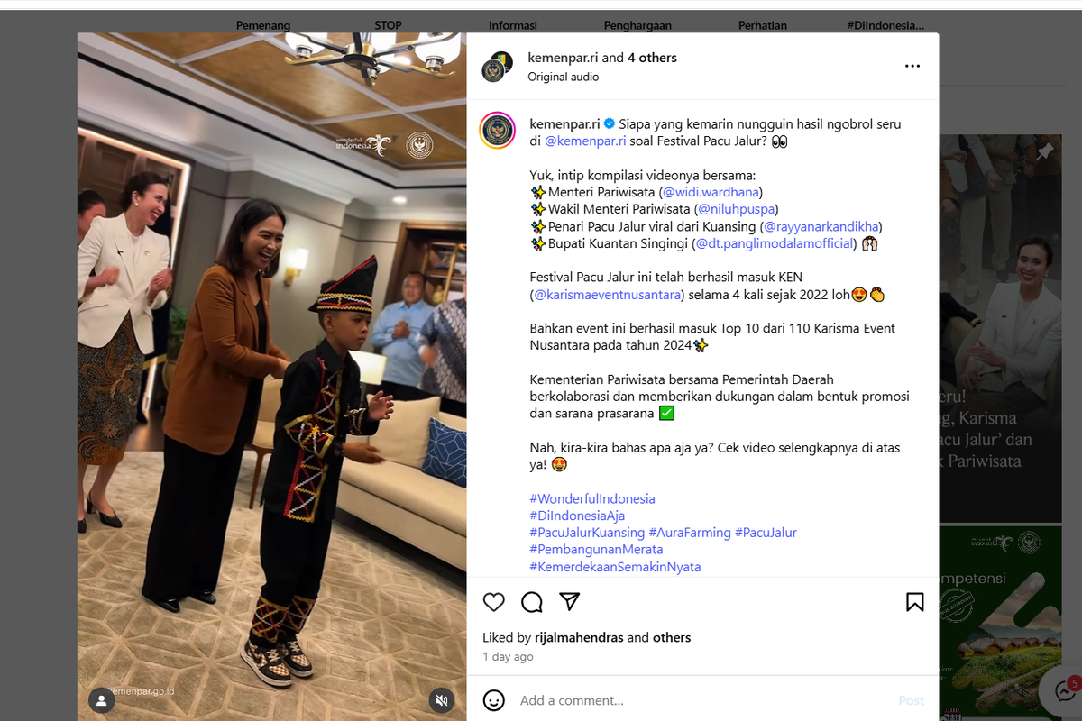 Kunjungan Rayyan ke Kemenpar diunggah lewat akun Instagram resmi @kemenpar.ri pada Jumat (11/7/2025).