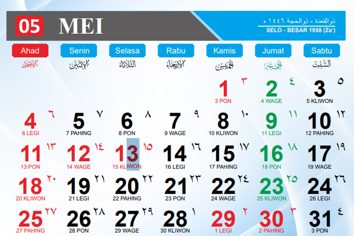 Ilustrasi kalender Mei 2025. Inilah kalender Minggu, 11 Mei 2025 lengkap dengan weton dan penanggalan Islam.