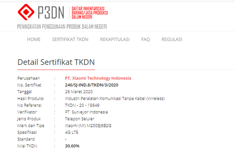 Tangkapan layar laman sertifikasi ponsel misterius Xiaomi yang diduga Redmi 9.