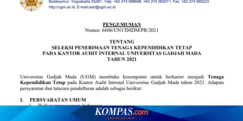 Rekrutmen Tenaga Kependidikan Tetap di Kantor Audit Internal UGM 2021, Ini Syarat dan Posisinya - Vimarsana News