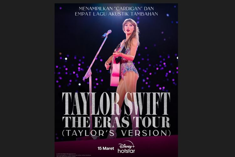 Film konser bertajuk Taylor Swift | The Eras Tour (Taylor?s Version) ditayangkan di Disney+ Hotstar mulai 15 Maret 2024.