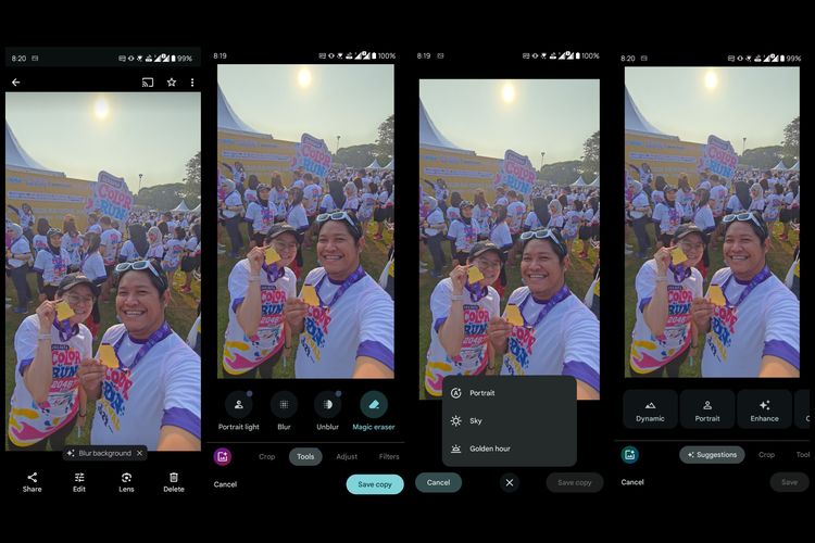 Ilustrasi fitur-fitur AI baru seperti Magic Eraser, Magic Editor, hingga Photo Unblur di Google Photos.